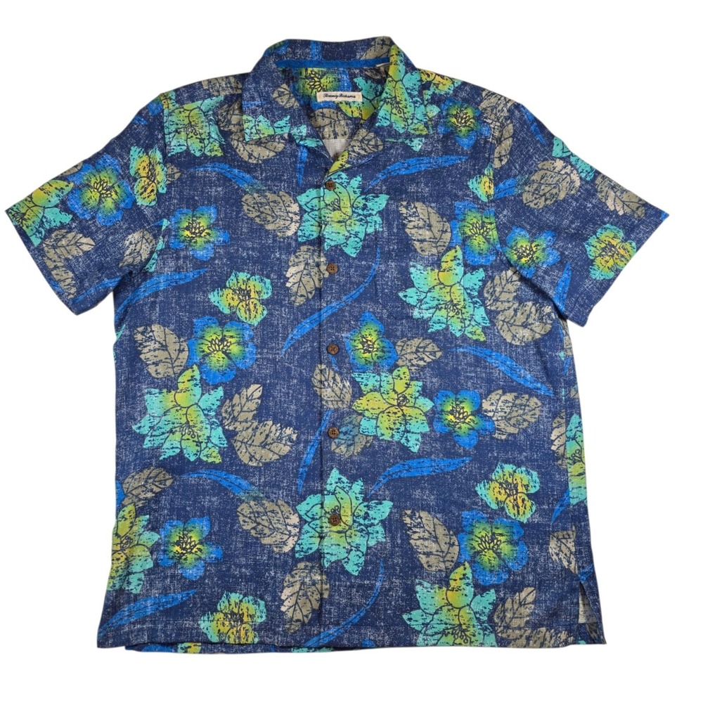 TOMMY BAHAMA IslandZone Silk Blend Blue Green Floral Button-Down Shirt Men's L